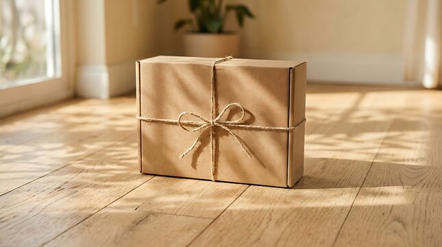 Cardboard shipping box tied with natural rustic twine rests on wooden floor in warm sunlight representing eco-friendly delivery services online shopping packages and secure mail dispatch.