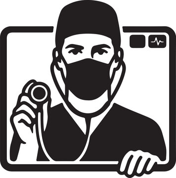 Online Doctor Consultation Vector Icon with Surgeon on Screen Holding Stethoscope.
