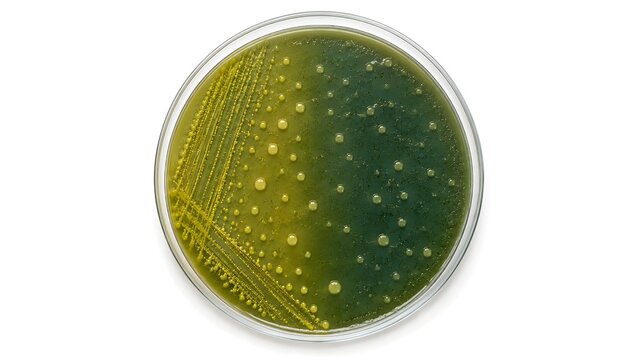 top-view macro photograph of a microbiology petri dish containing bacterial colonies on selective TCBS agar medium. Ideal for biotechnology, microbiology, pharmaceutical, laboratory, healthcare use.