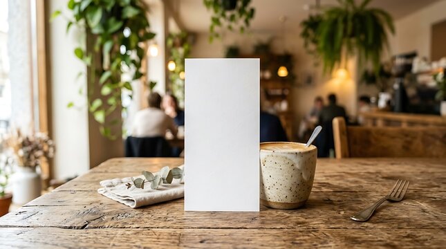 Blank standing menu card mockup on a rustic wooden table in a cozy cafe setting next to a cup of warm beverage perfect for showcasing restaurant drink lists and dining room atmospheres.