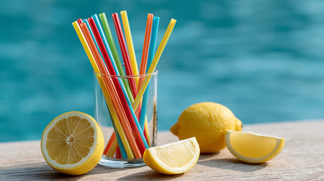 Assorted colorful straws in a clear glass beside whole and sliced lemons on a light wooden table, pool blue blurred in background evoking summer refreshment and leisure, copy space