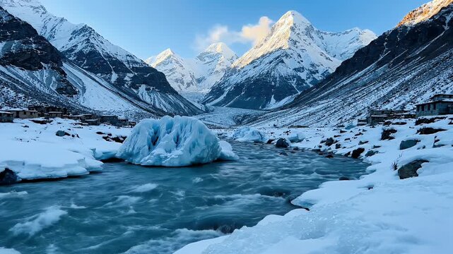 This stunning video captures a close-up view of the Chandra River surrounded by snow-covered mountains in the Himalayas.