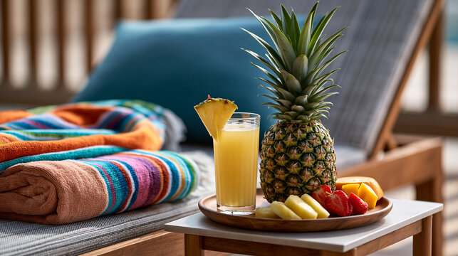 Pineapple cocktail and tropical fresh fruits serving refreshing summer vacation moments by the poolside on a wooden lounge chair with a colorful towel