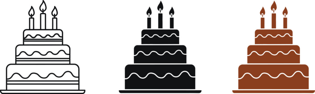 Three variations of a tiered birthday cake icon in outline solid and black
