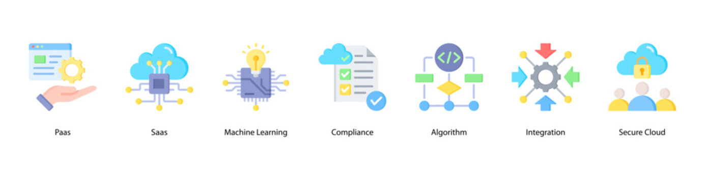 Intelligent Cloud web banner icon vector illustration featuring PaaS, SaaS, Machine Learning, Compliance, Algorithm, Integration, and Secure Cloud.