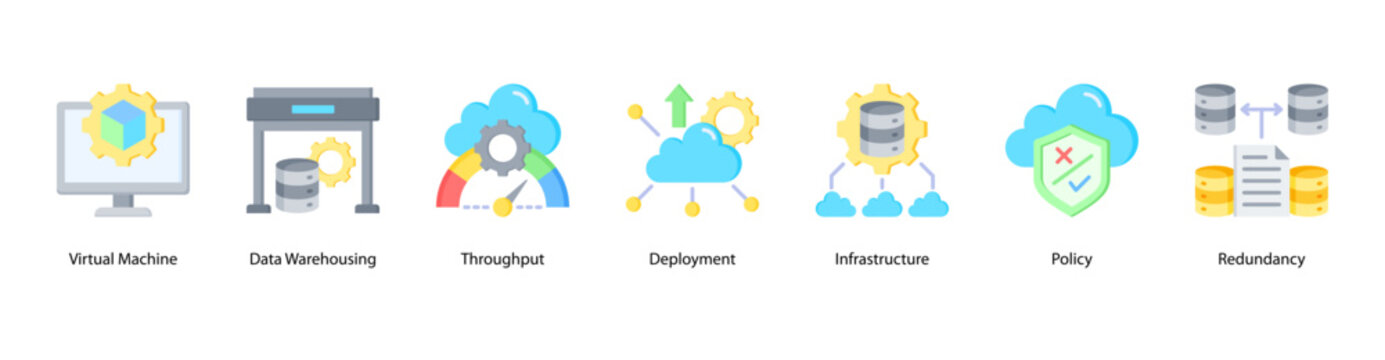 Virtual Infrastructure web banner icon vector illustration featuring Virtual Machine, Data Warehousing, Throughput, Deployment, Infrastructure, Policy, and Redundancy.