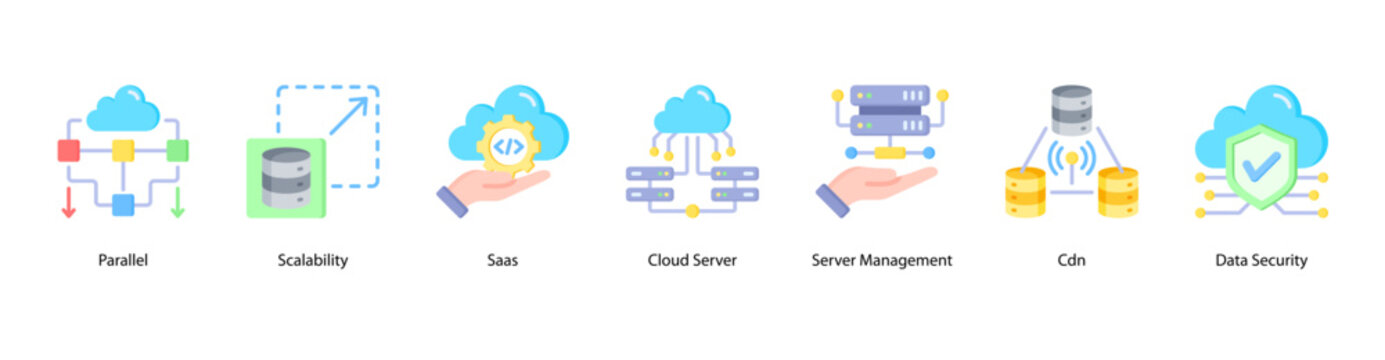 Scalable Systems web banner icon vector illustration featuring Parallel, Scalability, SaaS, Cloud Server, Server Management, CDN, and Data Security.