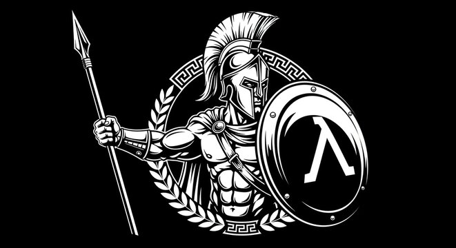 Spartan warrior holding spear and shield illustration.