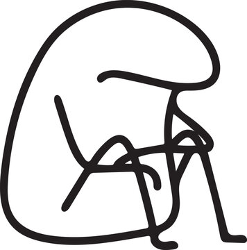 Sad flork character sitting alone vector illustration, minimalist depressed stock character silhouette line art on white background