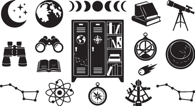 Astronomy and Science Icons in Black and White