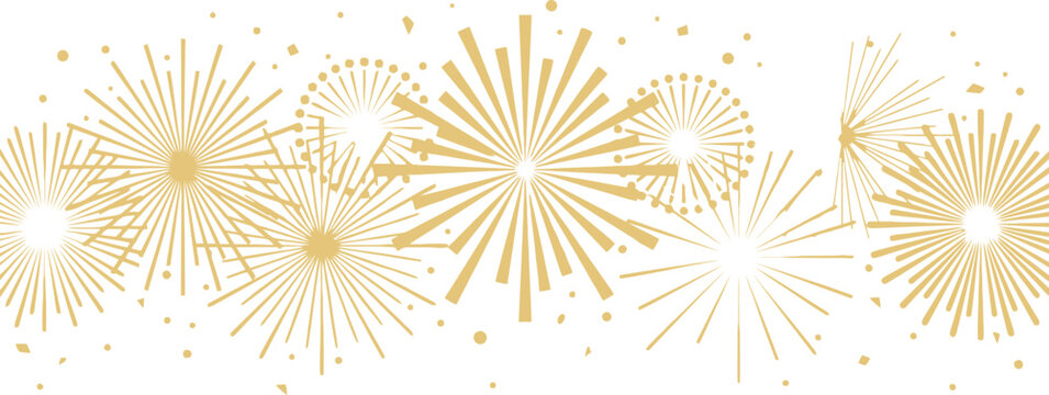 Elegant golden abstract fireworks pattern on a white background, creating a sophisticated and sparkling festive atmosphere.