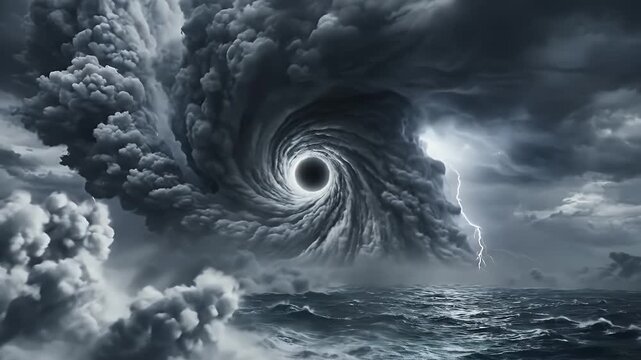 A powerful cyclone swirls ominously above the ocean, framed by dark, thunderous clouds. Lightning strikes illuminate the scene, highlighting the turbulent atmosphere and rough sea below.