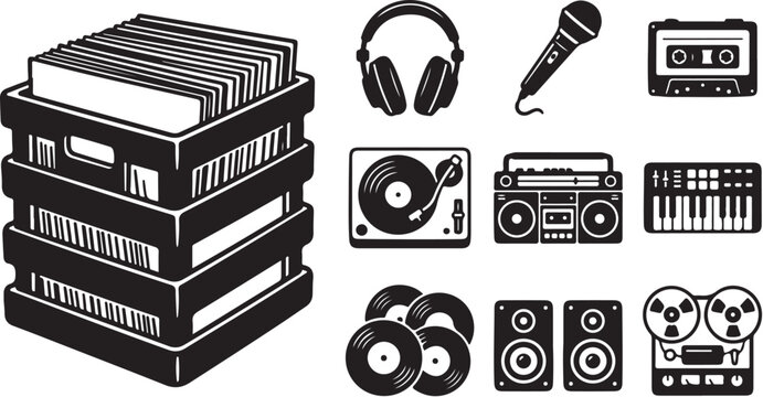 Vintage Music Collection with Vinyl Records and Players