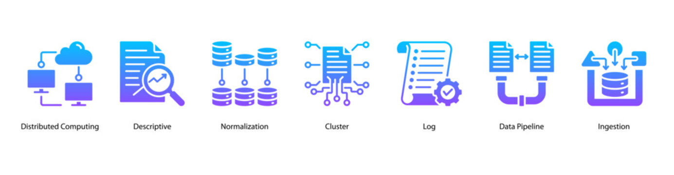 Data Processing web banner icon vector illustration featuring Distributed Computing, Descriptive, Normalization, Cluster, Log, Data Pipeline, and Ingestion.