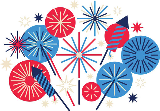 Explosion of colorful fireworks in red, blue, and white, featuring rocket fireworks and starbursts on a plain background.