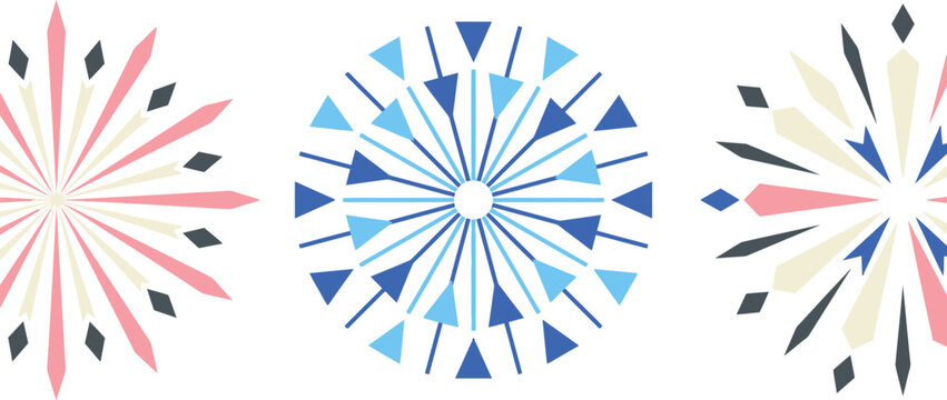 Geometric abstract circular designs resembling stylized fireworks or mandalas in soft pink, beige, and blue tones.
