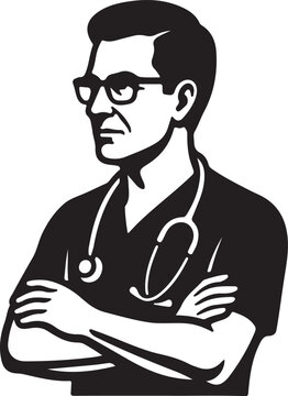 Male Doctor wearing Glasses and Stethoscope with Arms Crossed Vector Illustration.