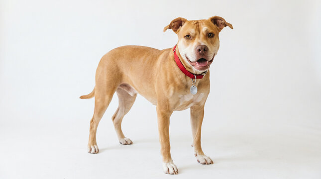 A brown dog with a red collar standing isolated on white background looking happy and friendly