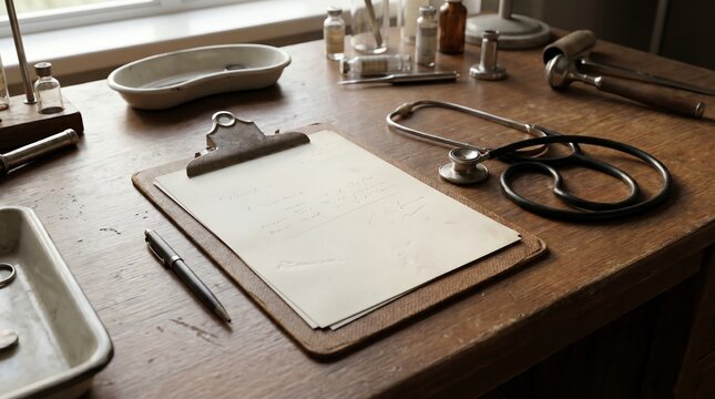 Authentic vintage doctor's desk with a classic stethoscope, empty clipboard, and an array of old medical tools, evoking a professional historical healthcare setting