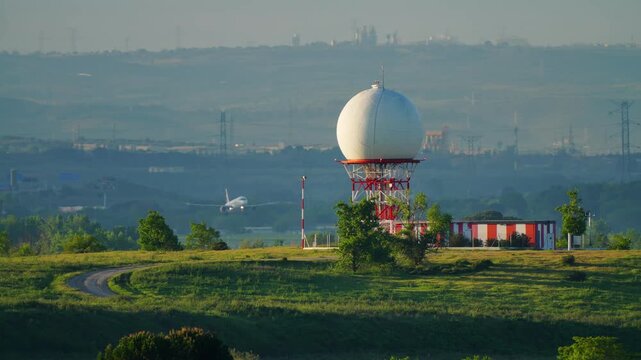 White weather radar dome on red tower in green airfield at morning, commercial airliner on low approach visible in background, hazy light and distant urban skyline