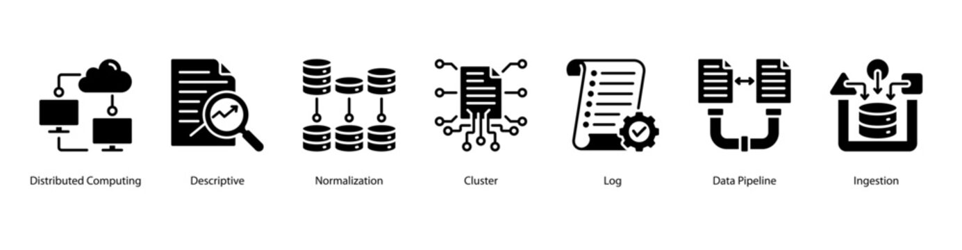 Data Processing web banner icon vector illustration featuring Distributed Computing, Descriptive, Normalization, Cluster, Log, Data Pipeline, and Ingestion.
