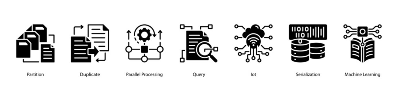 Intelligent Data web banner icon vector illustration featuring Partition, Duplicate, Parallel Processing, Query, IoT, Serialization, and Machine Learning.