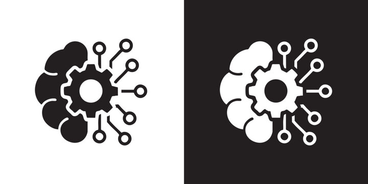 Minimalist Icon of Brain and Circuit Merged with Gear - Modern Artificial Intelligence Symbol, Machine Learning Innovation Tech, and Cognitive Automation Automation Vector