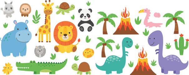 Cute dinosaur and safari animal collection vector illustration featuring cartoon wildlife, prehistoric creatures, jungle scenery, and adorable nursery characters © Momota