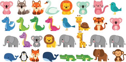Cute cartoon animal collection vector illustration featuring safari wildlife, dinosaurs, ocean creatures, and adorable nursery zoo character set © Momota