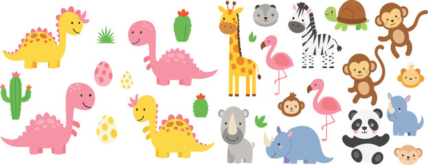Cute dinosaur and safari animal collection vector illustration featuring cartoon wildlife, prehistoric creatures, and adorable nursery zoo character set © Momota