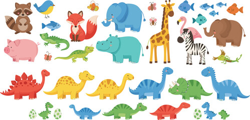 Cute dinosaur and safari animal collection vector illustration featuring cartoon wildlife, jungle creatures, prehistoric reptiles, and adorable zoo characters © Momota