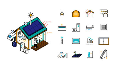GX志向型住宅のイメージイラストと、関連アイコン素材。ZEH、長期優良住宅、HEMZ、V2H、断熱性能、太陽光発電などのシンプルなアイコン。 © pomme