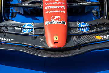 Obraz premium Sibiu, Romania - May 25, 2026 a Ferrari SF-26 Formula 1 car unveiled for the 2026 exhibited in the large square in the city center Sibiu
