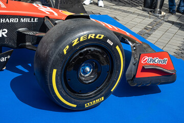 Fototapeta premium Sibiu, Romania - May 25, 2026 a Ferrari SF-26 Formula 1 car unveiled for the 2026 exhibited in the large square in the city center Sibiu