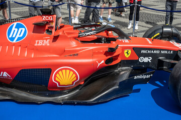 Fototapeta premium Sibiu, Romania - May 25, 2026 a Ferrari SF-26 Formula 1 car unveiled for the 2026 exhibited in the large square in the city center Sibiu