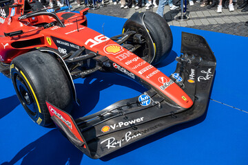 Fototapeta premium Sibiu, Romania - May 25, 2026 a Ferrari SF-26 Formula 1 car unveiled for the 2026 exhibited in the large square in the city center Sibiu