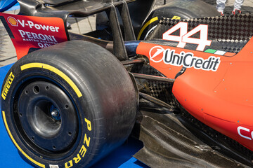 Fototapeta premium Sibiu, Romania - May 25, 2026 a Ferrari SF-26 Formula 1 car unveiled for the 2026 exhibited in the large square in the city center Sibiu