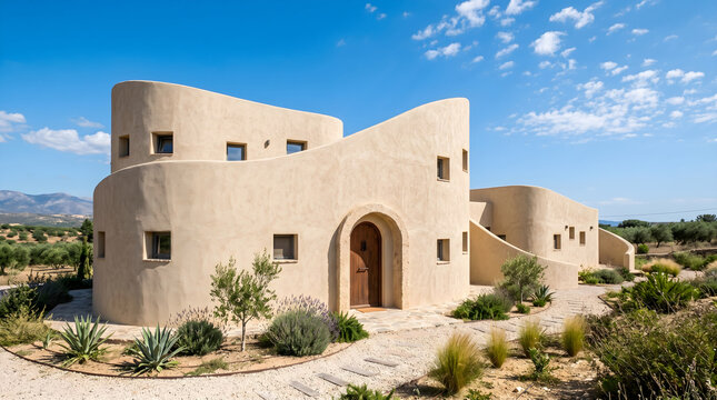 Modern adobe residence features organic curves and earthy textures set against a bright blue sky in a serene landscape.