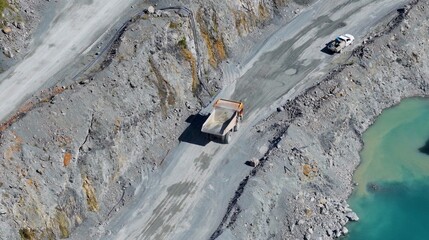 Aerial View of Mining Trucks Navigating a Gold Coast Quarry Road © blueringmedia