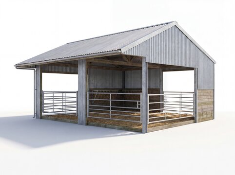 Modern metal barn with animal stalls inside