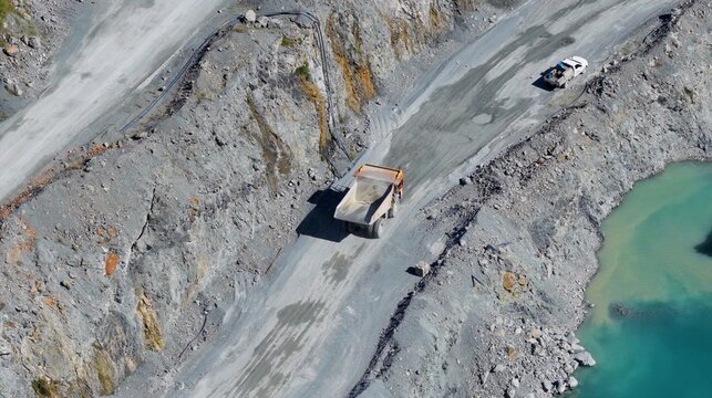 Aerial View of Mining Trucks Navigating a Gold Coast Quarry Road