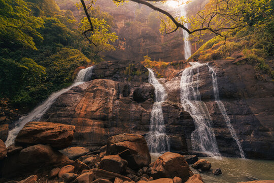 Morning vibes waterfall in the mountains at Curug Cikanteh Ciletuh Sukabumi West Java Indonesia