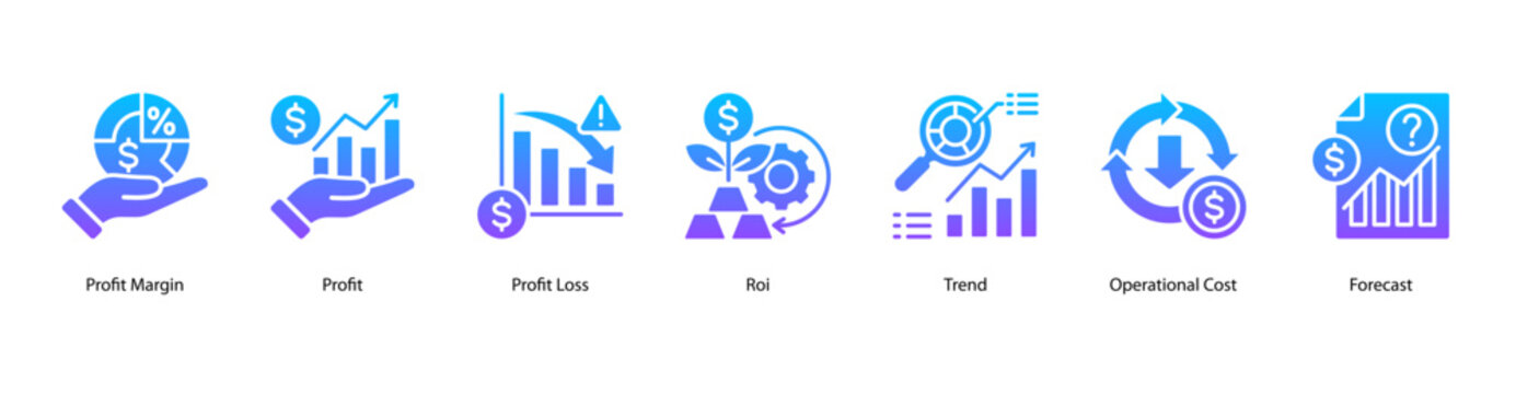 Profit Analysis web banner icon vector illustration featuring Profit Margin, Profit, Profit Loss, ROI, Trend, Operational Cost, and Forecast.