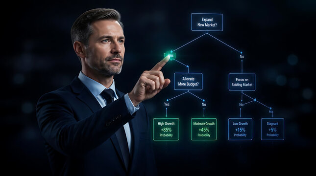 Businessman in a suit interacting with a glowing digital decision tree flowchart interface.