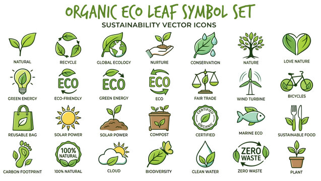Organic Eco Leaf Symbol Set: Sustainability Vector Icons for Nature and Environment