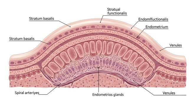 Endometrium Cross‑Section: Detailed Histological Illustration of the Uterine Lining Showing Stratum Functionale and Stratum Basale, Endometrial Glands, Stroma and Spiral Arteries that Undergo Cyclic C