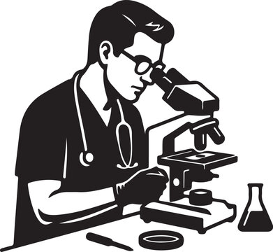 Scientist or Doctor Looking through Microscope in Laboratory Vector Illustration.