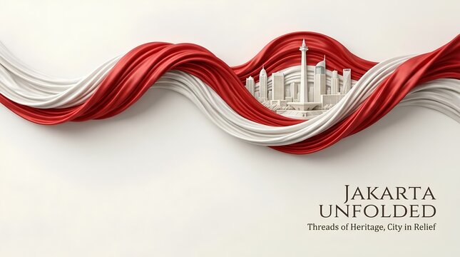 3D illustration of Jakarta skyline with Monas wrapped in flowing red and white silk resembling Indonesian flag, elegant heritage concept design.