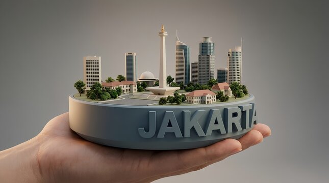 Hand holding small 3D miniature of Jakarta with Monas, skyscrapers and historic buildings on round base labeled Jakarta, travel souvenir concept.