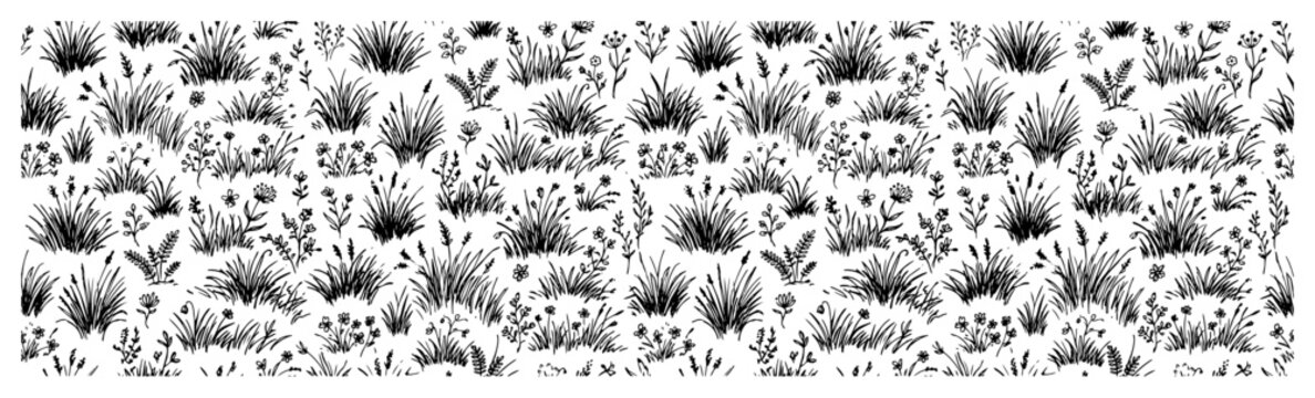 Wild meadow grass and floral pattern with hand drawn botanical elements in black and white sketch style